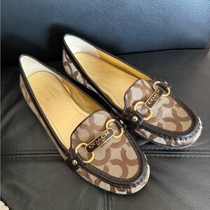 COACH Brown Signature Canvas and Dark Brown Patent Trim Moccasins